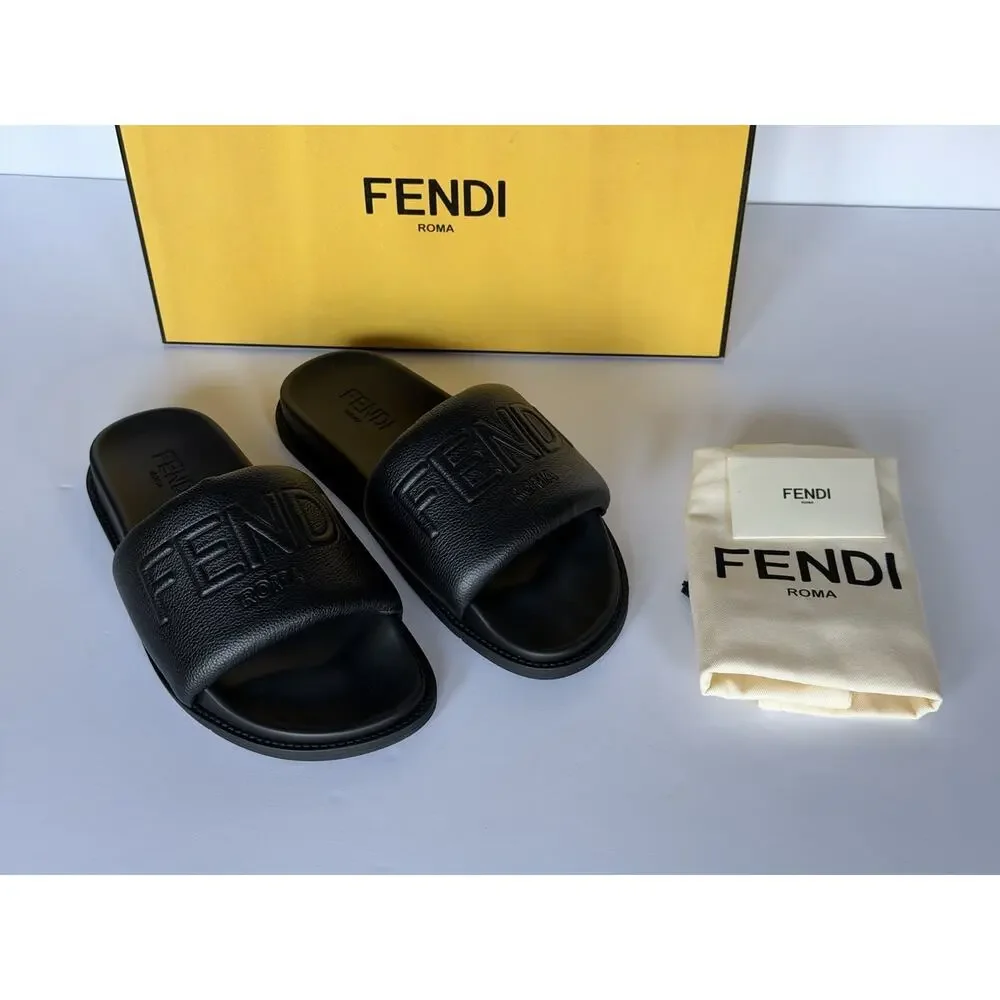 Fendi Men's Roma Leather Slide Sandals Black 9 US/8 UK IT 7X1649 NIB $750